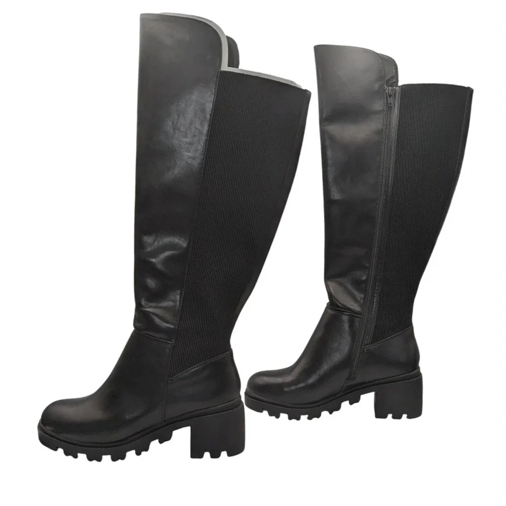 JustFab Ayden‎ Black Faux Leather Lug Sole Tall Knee High Boots Women 9 Side Zip
